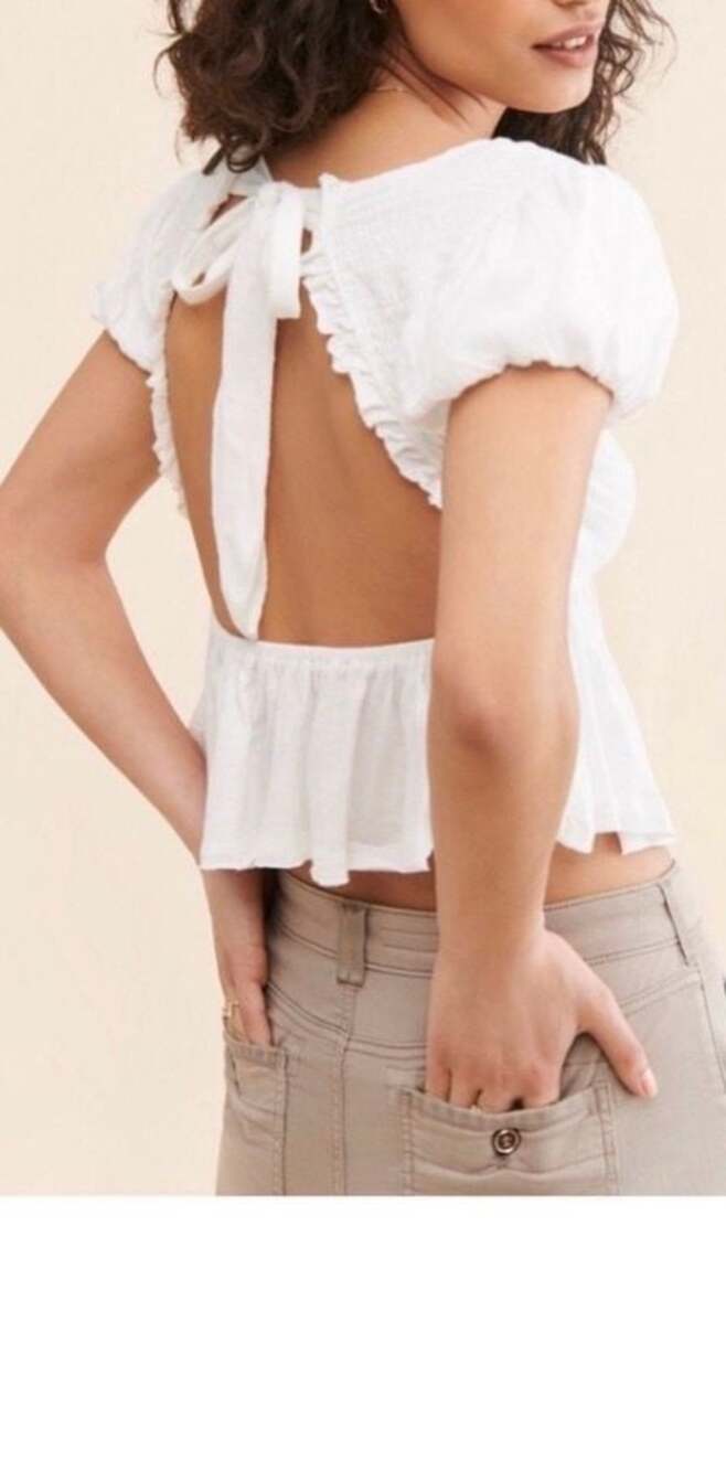 Free People Charlotte Tie-Back Crop Smocked Puff Peplum Top XS